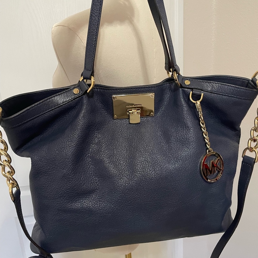 Michael Kors Blue Convertible Tote with Gold Hardware and Chain Strap W/Dust Bag